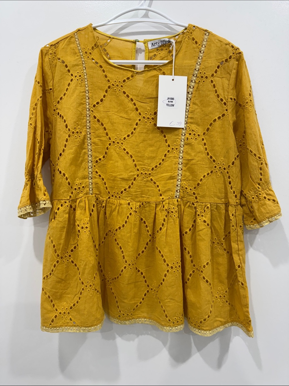 Arty Blush Mustard Yellow Eyelet Embroidered Cotton Peplum Top S/M NWT